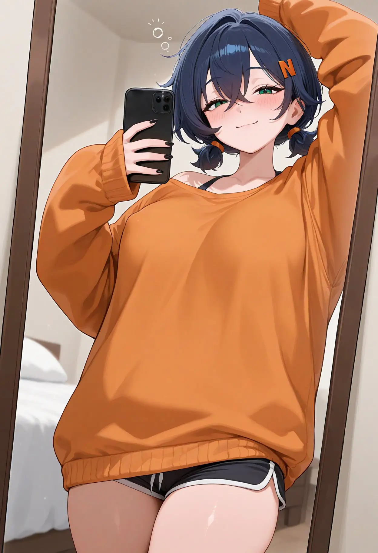 镜前，铃妹穿暖橙色上衣，自拍时流露俏皮可爱-二次元COS分享次元吧