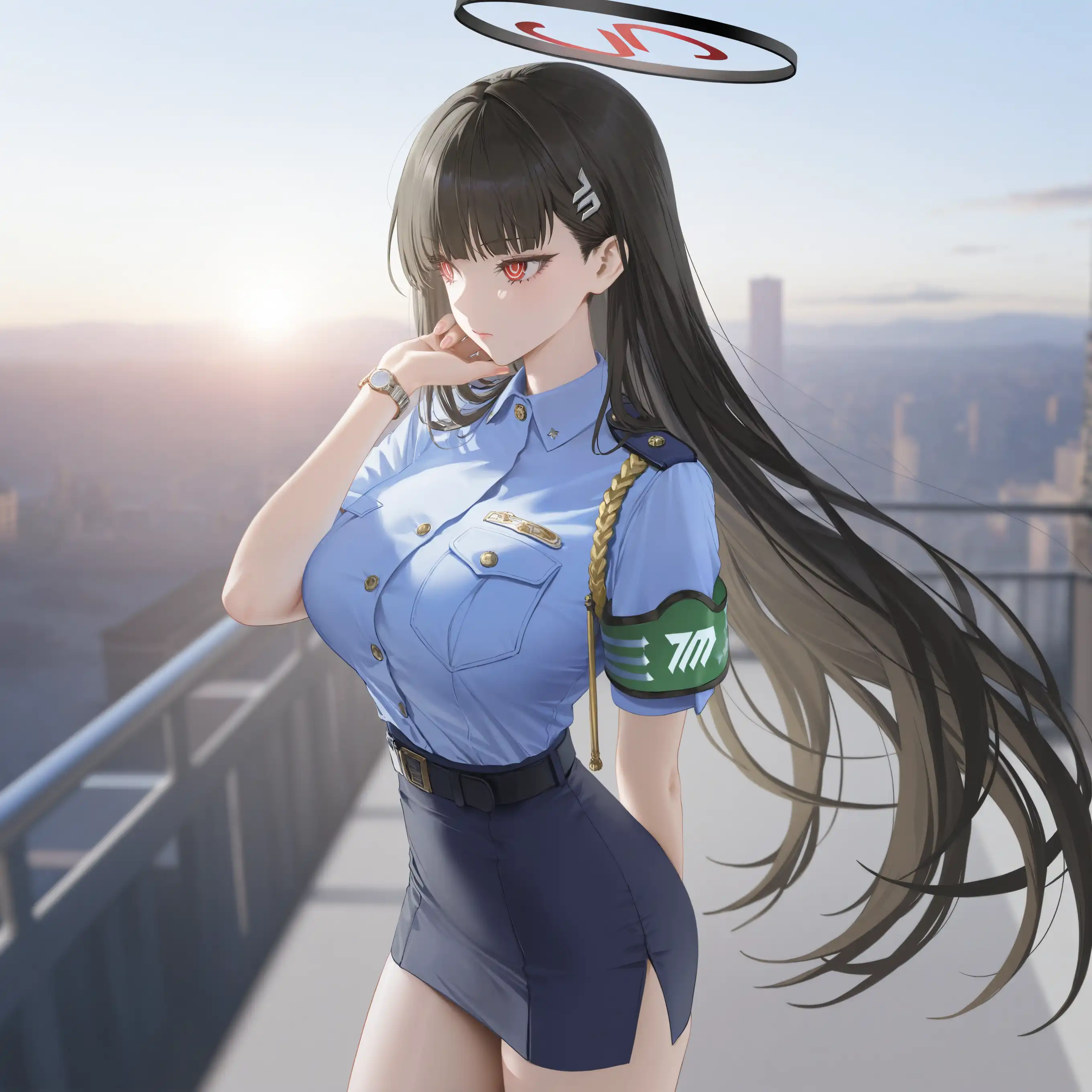 调月莉音身着制服，于城市天台，在晨曦中尽显飒爽与优雅-二次元COS分享次元吧